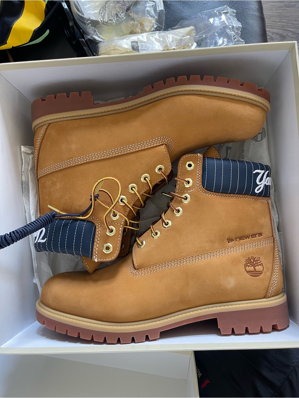 Timberland Wheat Nubuck Lace-Up Work Boots with Navy Collar